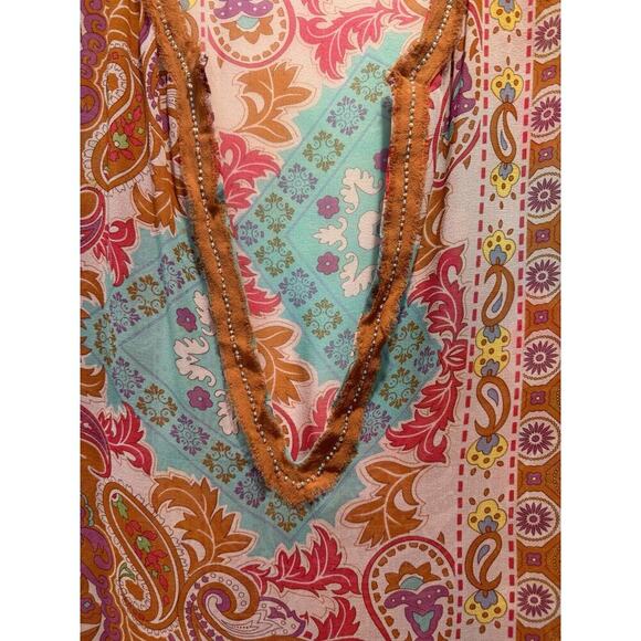 BEBE Cover Up Size XS Multi Color 100% Silk Tunic Top Sheer Boho V Neck Beaded - Picture 4 of 9